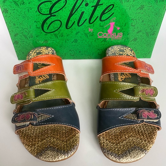 ELITE BY CORKYS Sunny Womens Navy Multi Color Velcro Leather Sandals Size 6 NEW - Picture 3 of 13